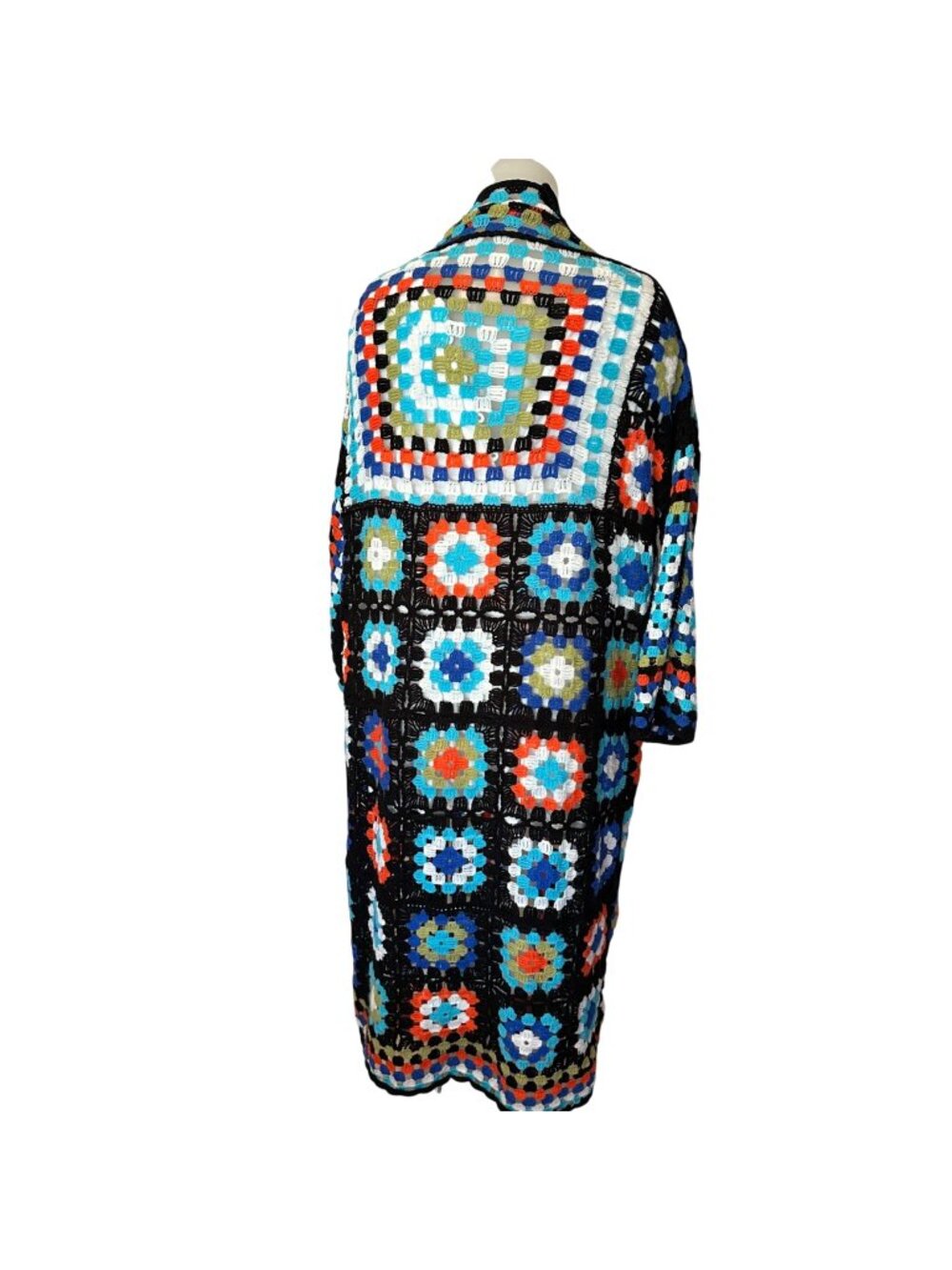 Granny Square Long Duster Cardigan One SIze Colorful Boho Hippie Open Knit